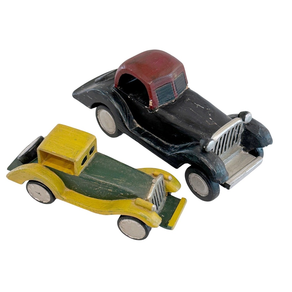 Vintage Style Wooden Car Set Pottery Barn Decor Unisex Multi Hand Carved Rustic